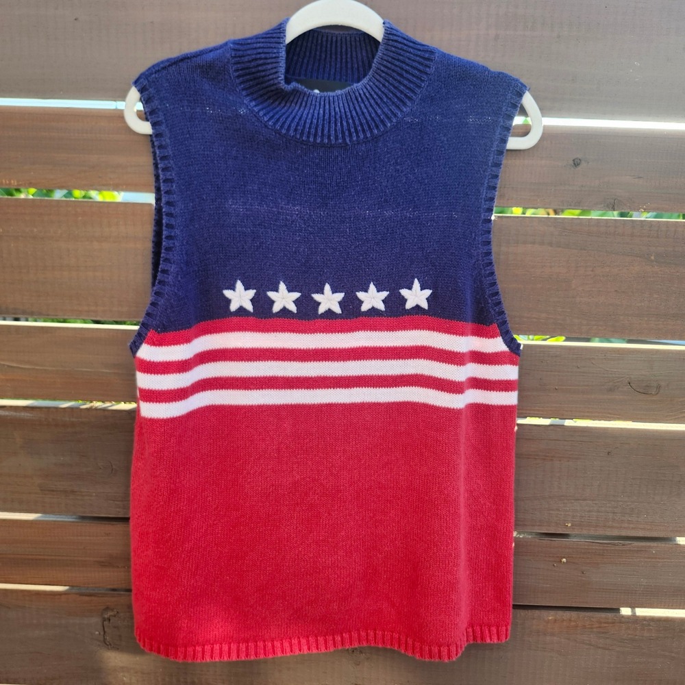 Vintage Sag Harbor Flag Sweater Vest Patriotic Stars & Stripes Knit XL